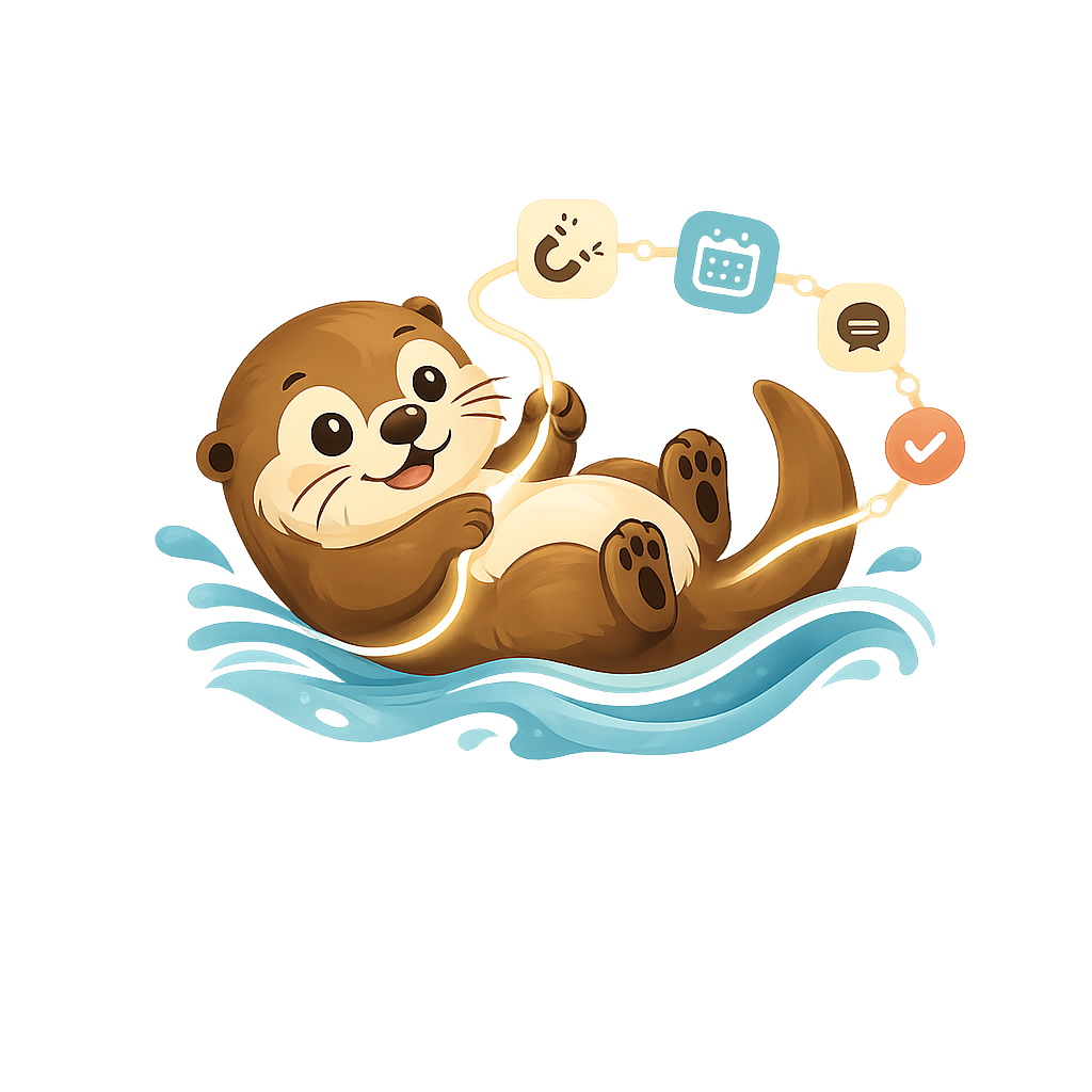 Flo the otter holding a glowing flow line connecting a lead magnet, a calendar, a chat bubble, and a confirmation check — the OtterFlow journey.