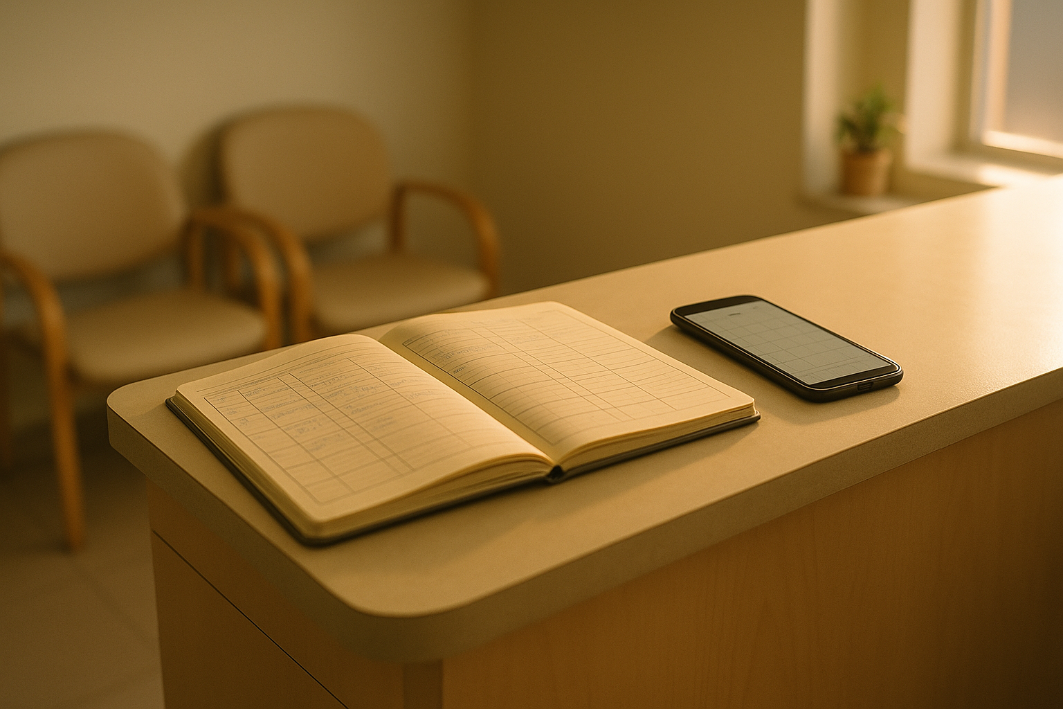 An open paper appointment book and a phone showing a calendar grid, side by side on a dental clinic reception counter in afternoon light.
