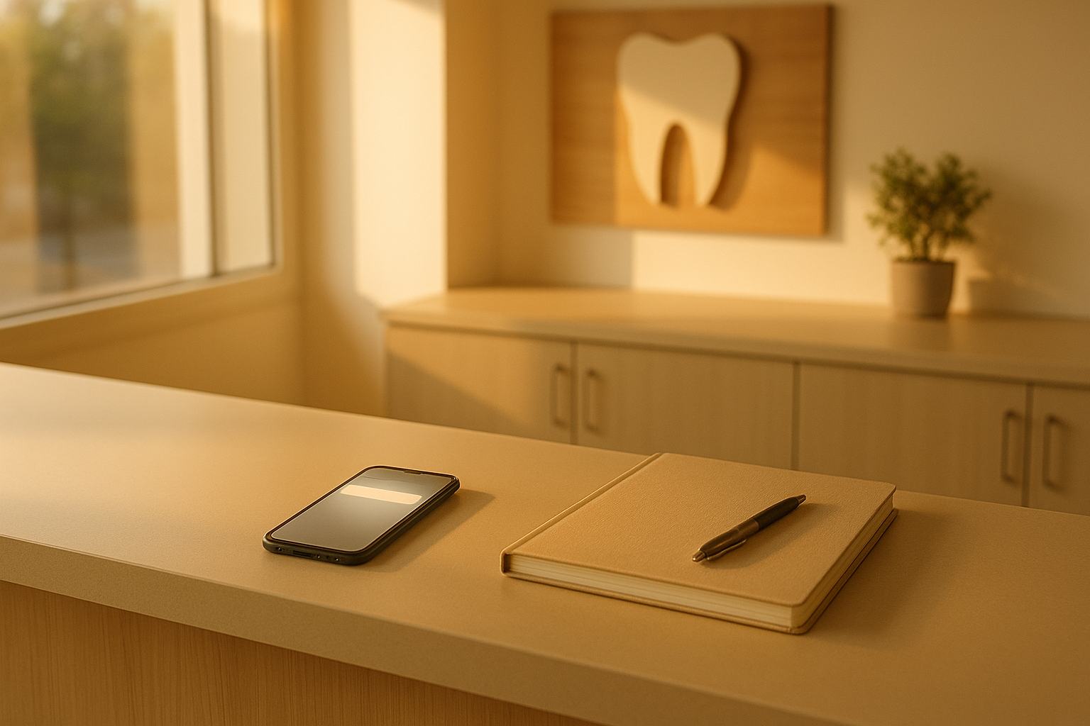 A smartphone lying face up on a dental clinic reception counter, a blank message notification on its screen, beside a closed appointment book and pen in warm afternoon light.