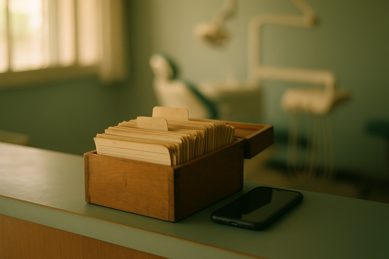 An open wooden card index box of worn patient record cards on the reception counter of a small dental clinic, a dark smartphone beside it and a dental chair blurred in the background.