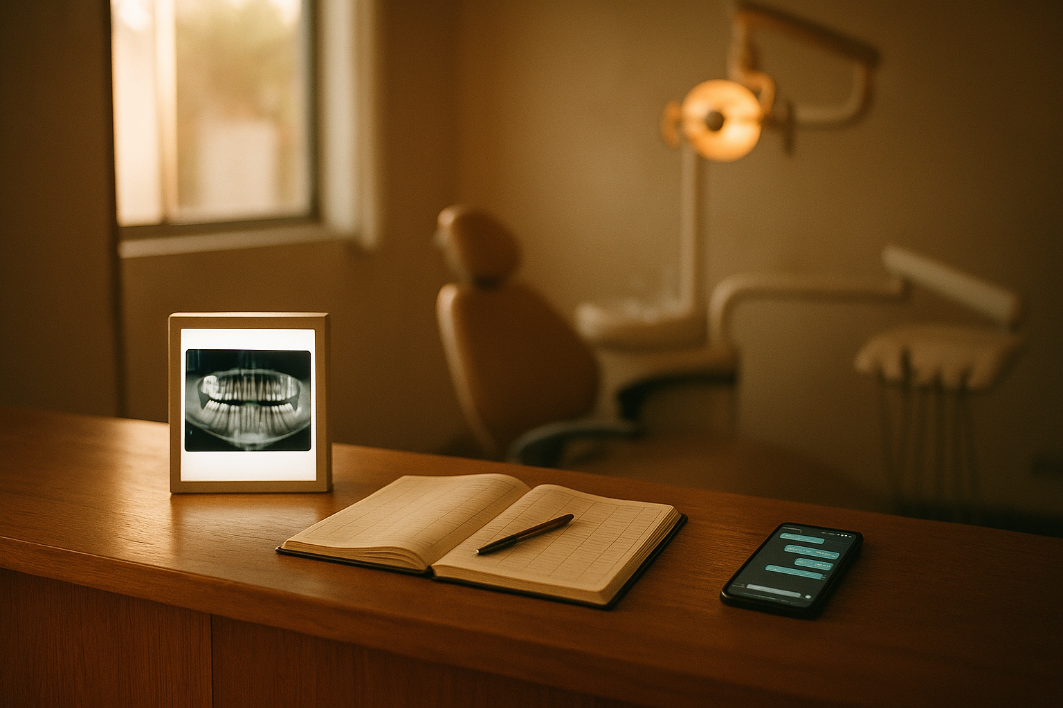 An x-ray on a small light box, an open paper appointment logbook and a phone showing chat messages, lined up along a dental clinic reception counter, an empty dental chair blurred behind.