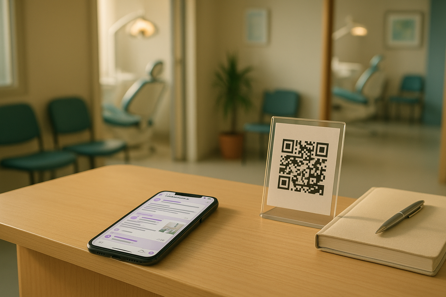 A smartphone on a dental clinic reception counter showing a channel of announcement posts, beside a QR code in an acrylic stand and a notebook with a pen.