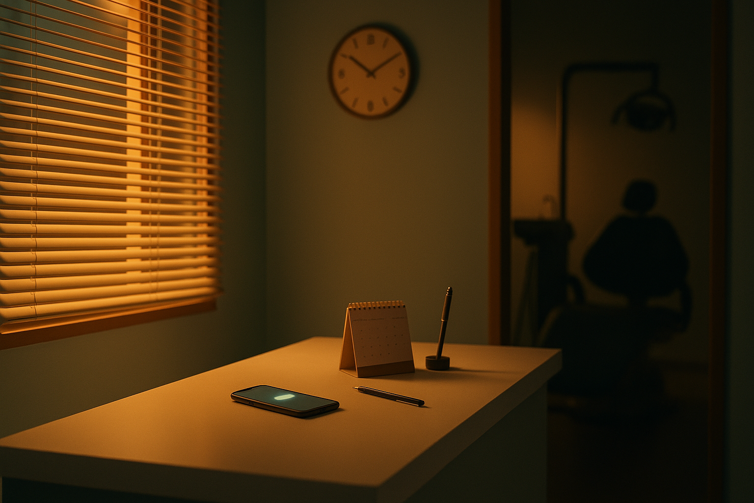 A dental clinic's front desk after closing, lit by amber evening light through window blinds, with a phone glowing on the counter beside a desk calendar and a dark treatment room behind.