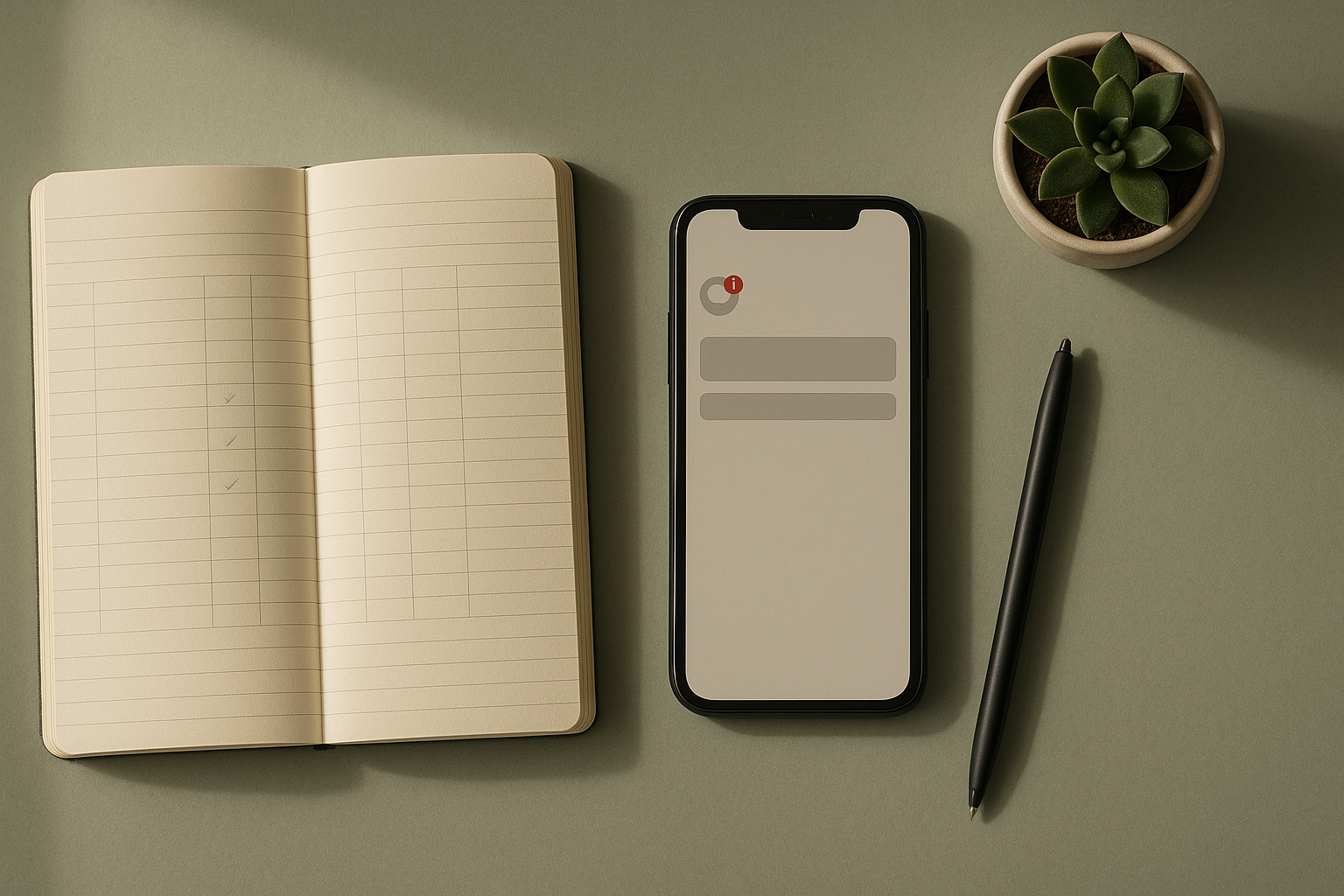 An open notebook ruled into columns with a few pencil ticks, beside a phone showing a single missed-call badge, a pen and a small succulent on a sage desk.