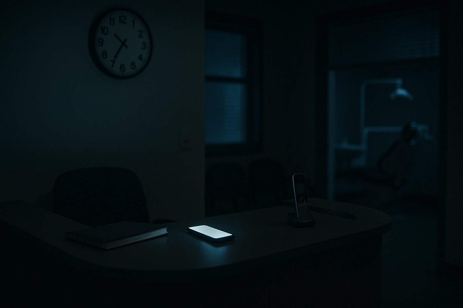 A dark, empty dental clinic reception at night, lit only by a phone glowing face up on the counter beside a closed notebook, the wall clock behind reading 10:47, the surgery unlit through the doorway.