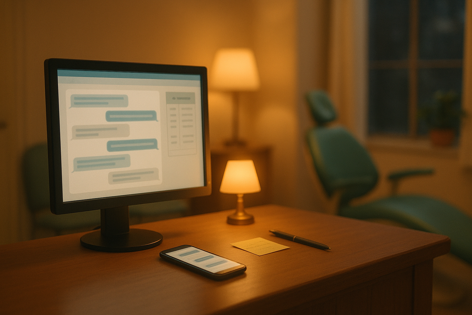 A clinic front desk at night, lit by a small lamp. The monitor shows a chat inbox beside a two-column reference panel, with a phone, a sticky note and a pen on the desk and a dental chair behind.