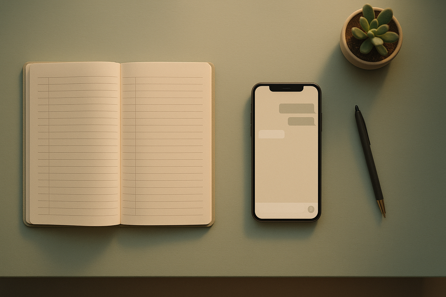 An open appointment book with empty ruled lines beside a phone showing a chat thread of three bubbles that stops partway down the screen, on a muted green clinic desk.