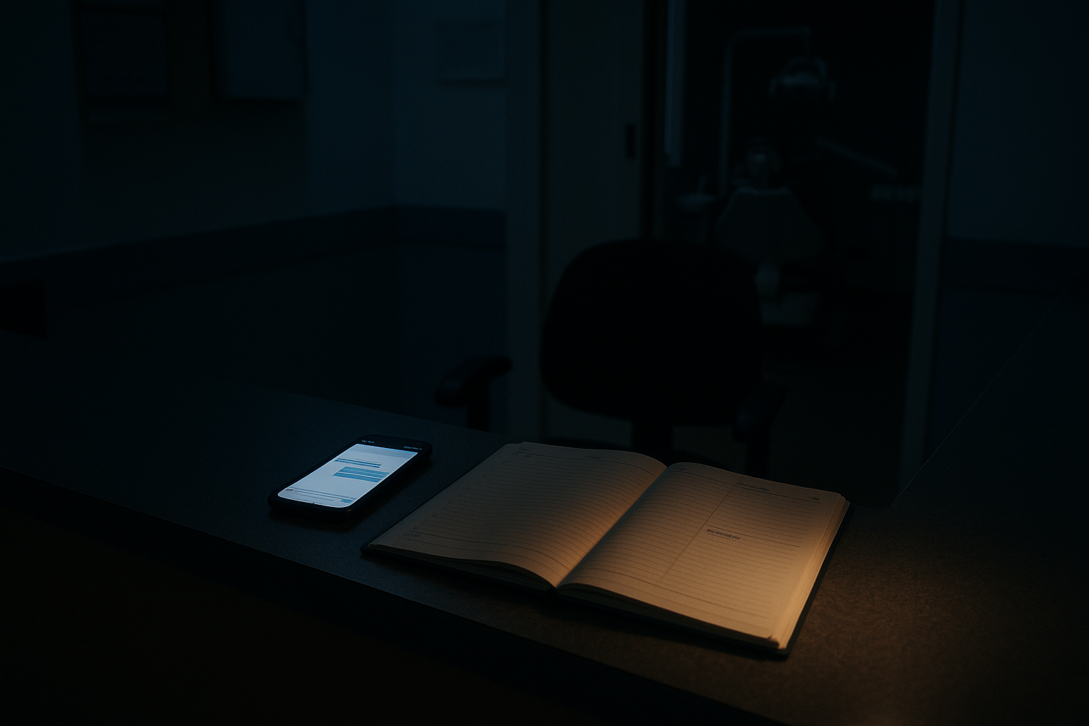 A dental clinic reception counter in the dark, lit only by a phone showing a chat thread and the glow falling on an open appointment book beside it. The staff chair is empty, the surgery unlit.