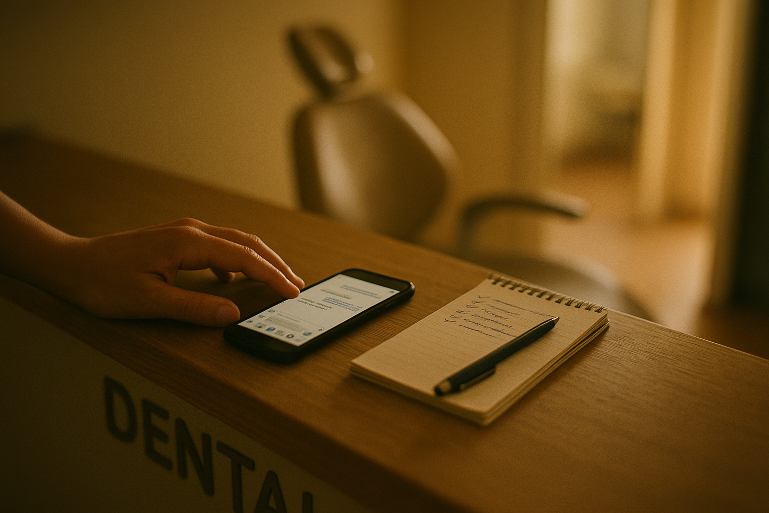 A hand rests beside a phone showing a chat thread on a dental clinic reception counter, next to a spiral notepad with a ticked handwritten checklist, an empty dental chair blurred behind.