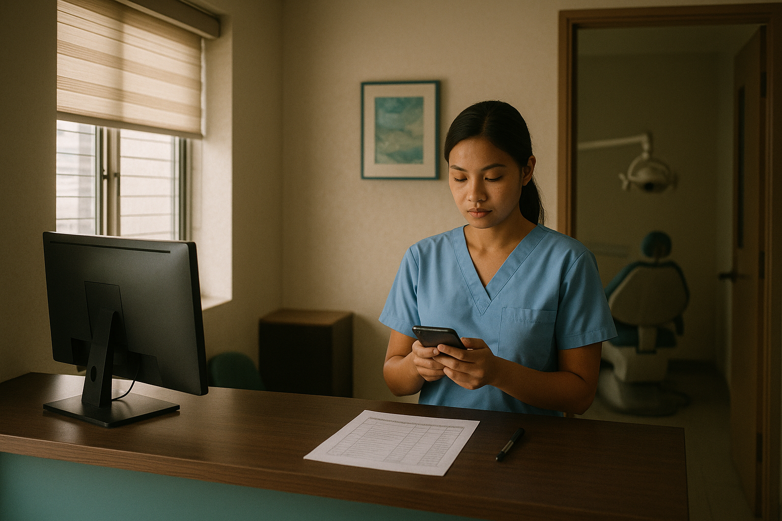 A small dental clinic front desk in daylight during a power outage, the computer screen dark, a receptionist checking the day's schedule on her phone beside a printed list.