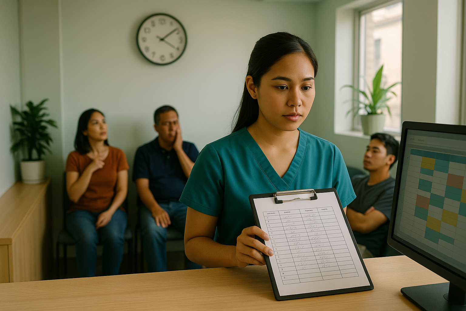A receptionist in teal scrubs at a dental clinic front desk holds a clipboard sign-in sheet beside a colour-coded schedule while three patients wait behind her, one holding his cheek.