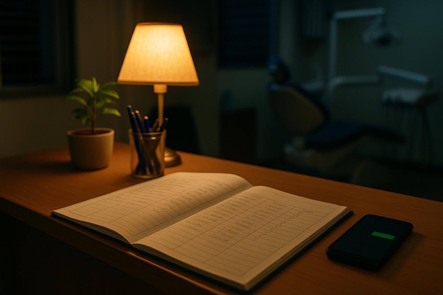 An open paper appointment logbook under a desk lamp on a clinic counter at night, a phone beside it showing one short message, the darkened dental surgery behind.