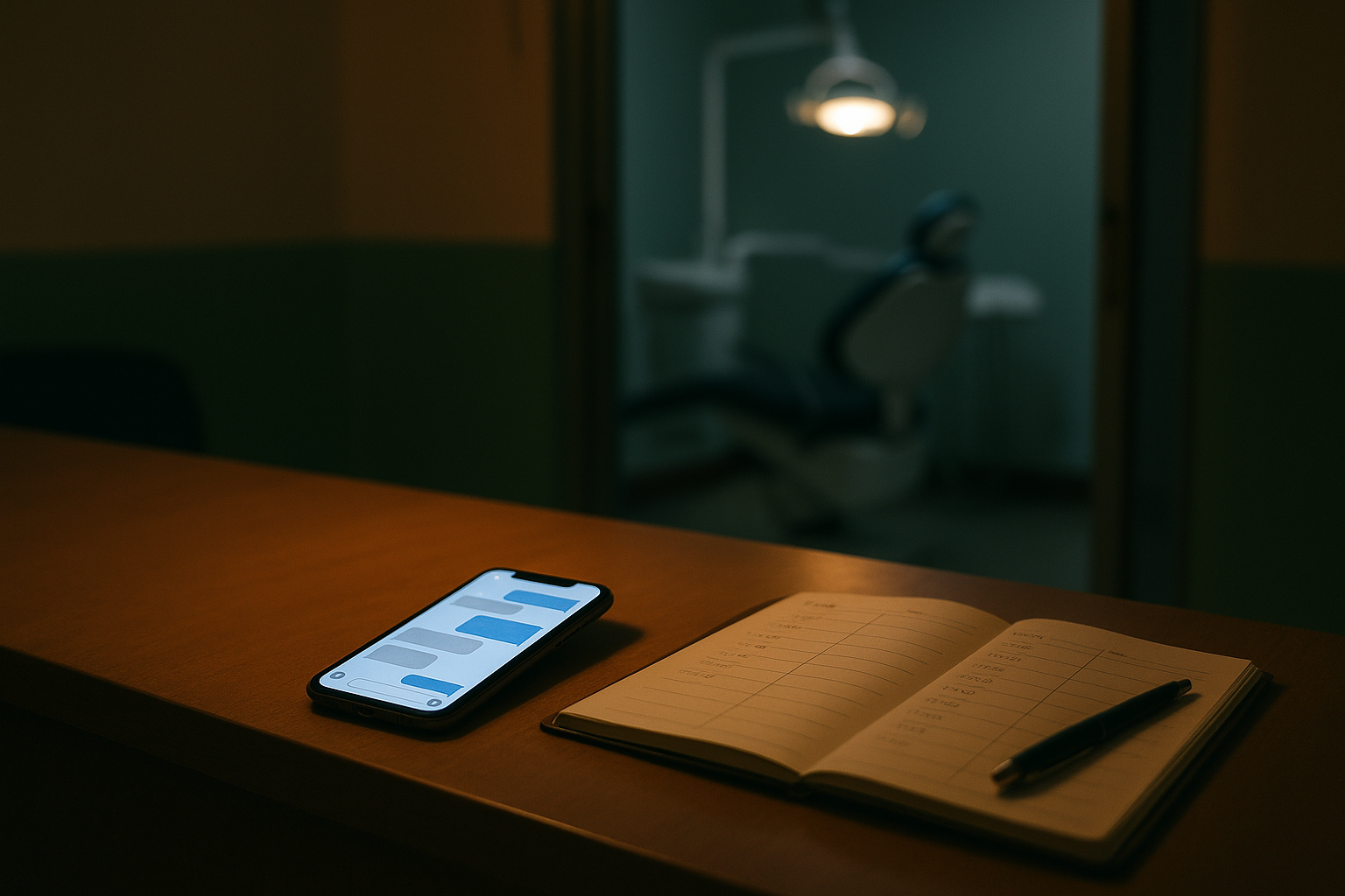 A smartphone showing a chat conversation lies on a dental clinic's reception counter at night, beside an open appointment book, with an empty dental chair lit in the room behind.
