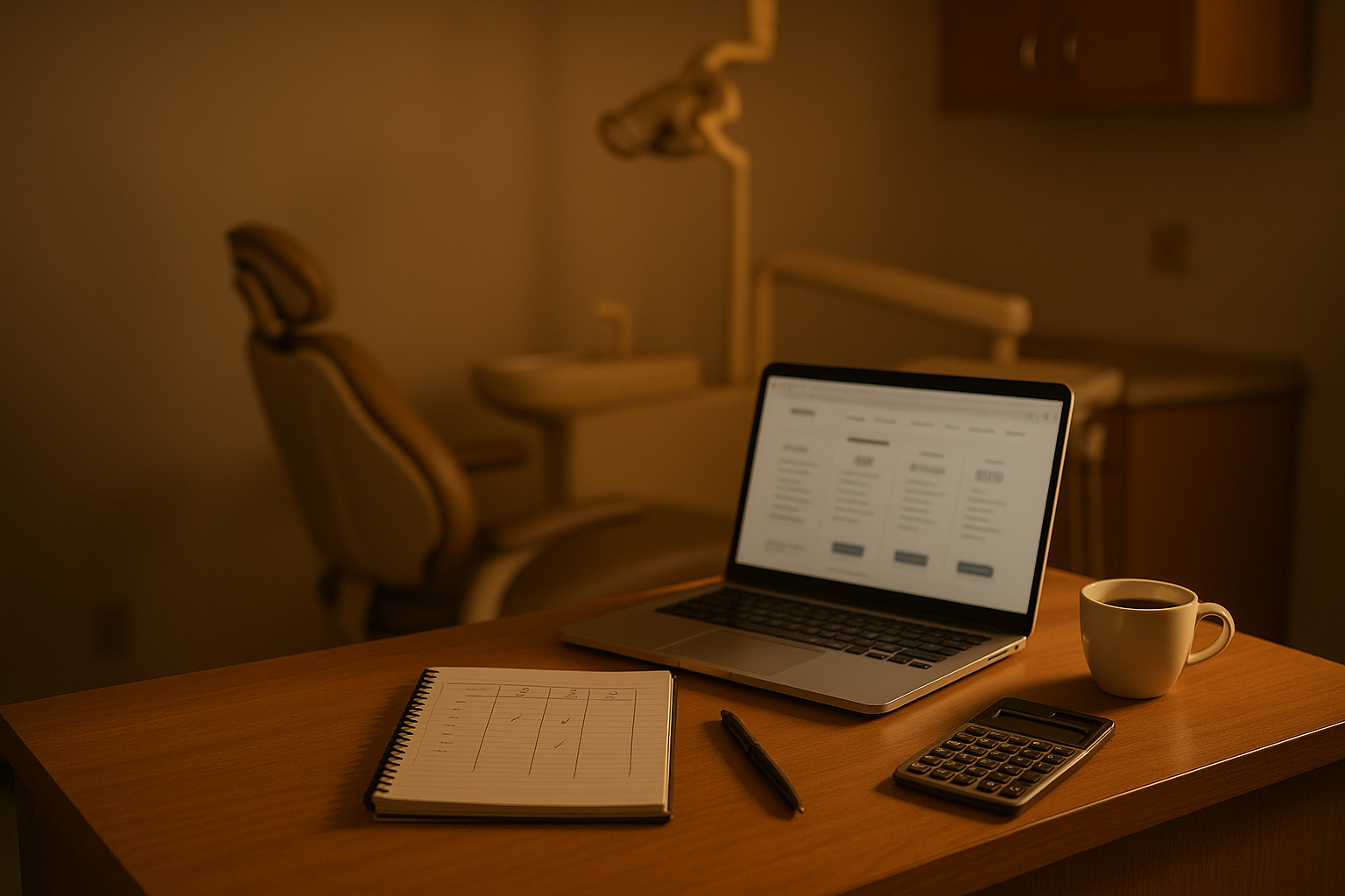 A dental clinic desk after closing, with a laptop showing pricing pages side by side, a notebook with a hand-drawn comparison grid, a calculator and a cup of coffee.