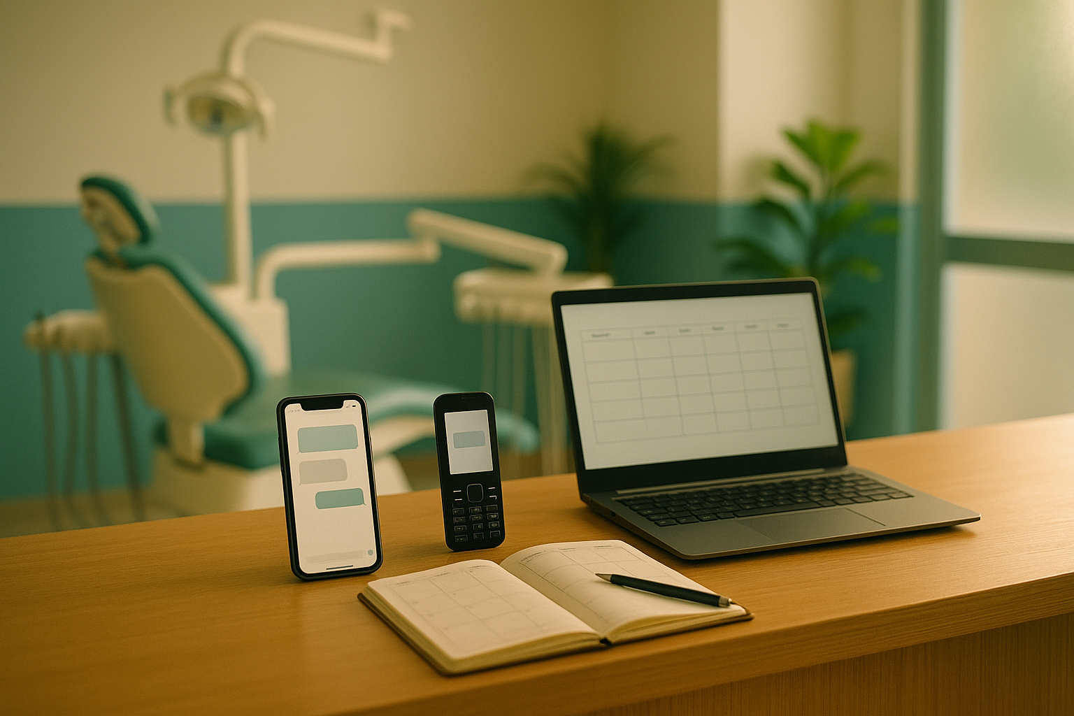 A clinic front desk with a smartphone showing a chat, a basic phone showing a text message, a laptop with a calendar grid and an open paper appointment book.