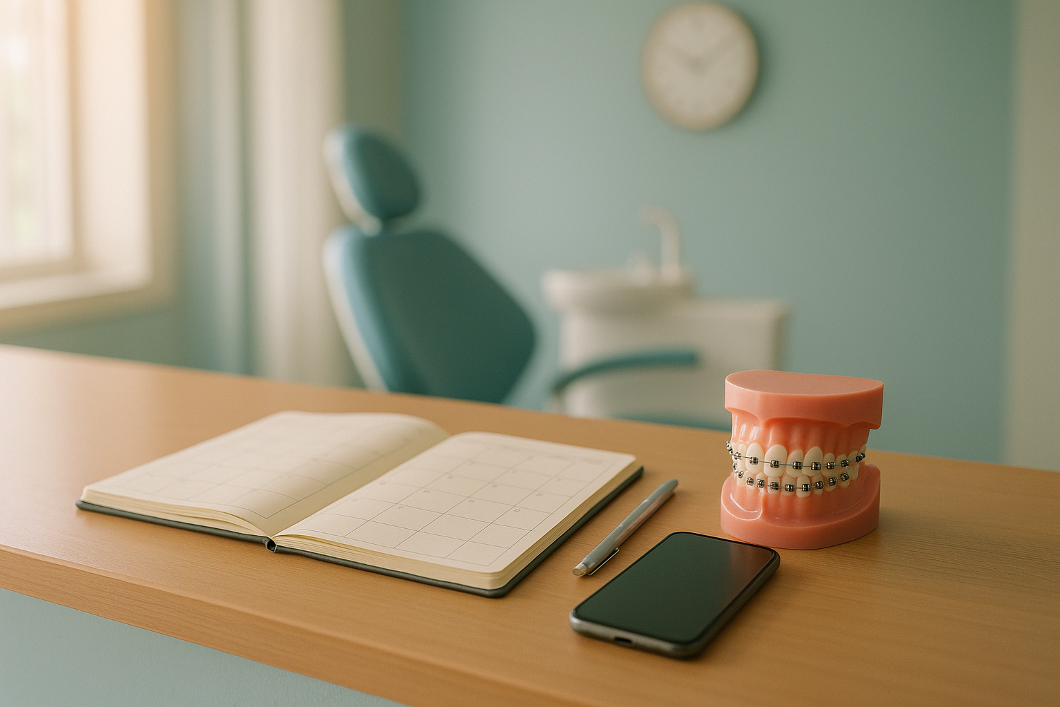 An open calendar-style appointment book, a pen and a smartphone on a clinic counter beside a dental model fitted with metal braces, with an empty dental chair behind.