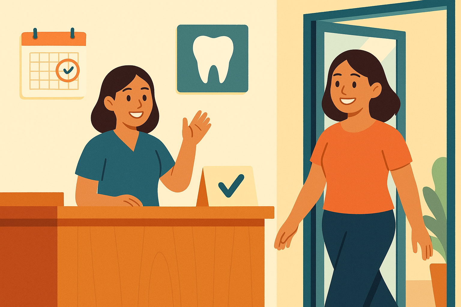 A cheerful Filipino woman patient walking back into a bright modern dental clinic, greeted by a smiling receptionist behind a warm reception counter.