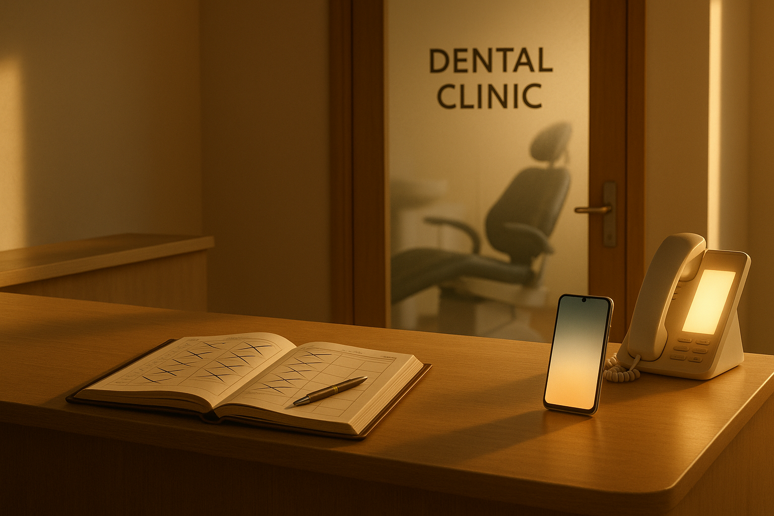 An appointment book with several crossed-out empty time slots on a dental clinic reception counter, beside a glowing phone and an empty dental chair visible through a frosted glass door.