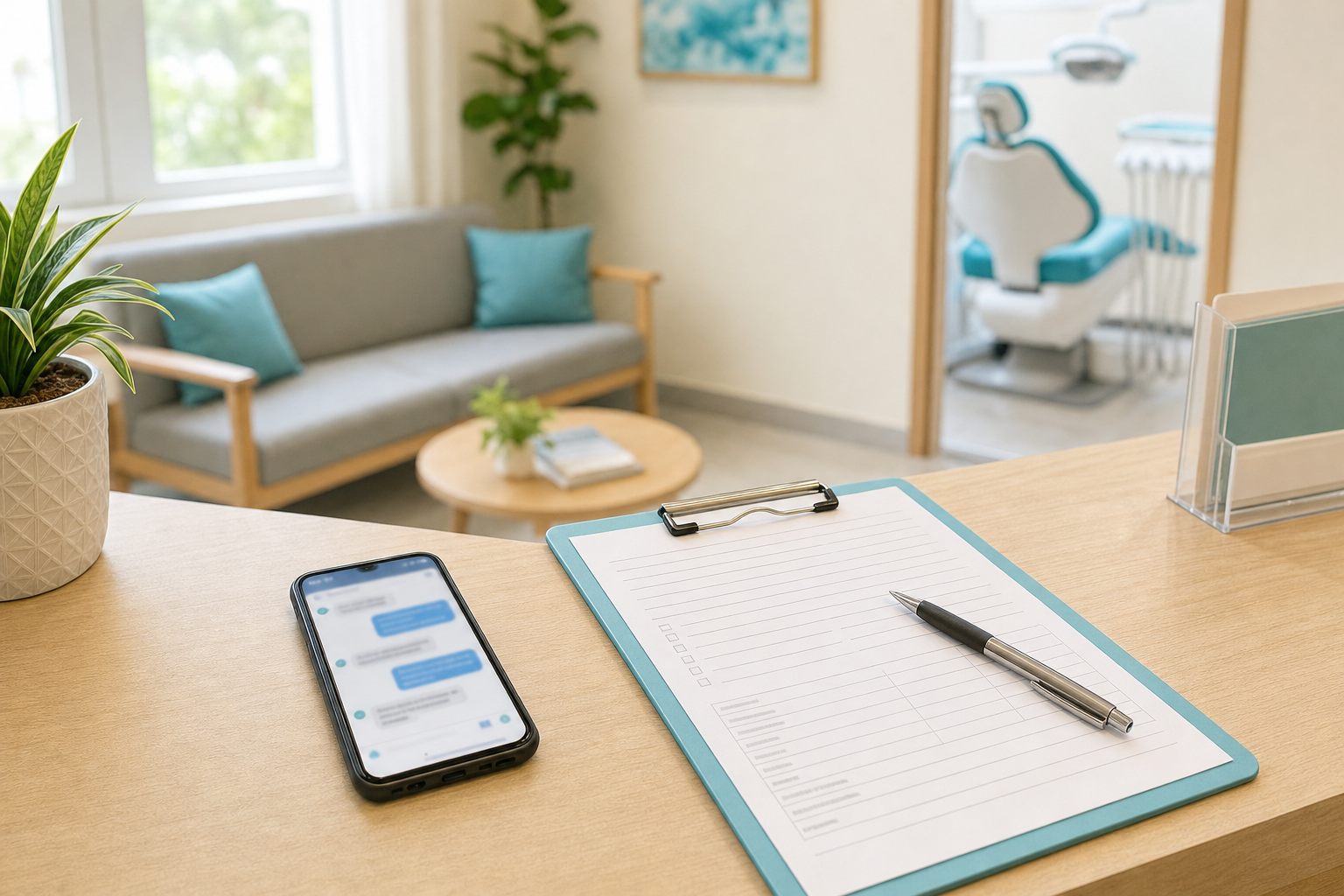 A smartphone showing a chat conversation lying beside a clipboard with a blank patient form and a pen on a clinic reception counter.