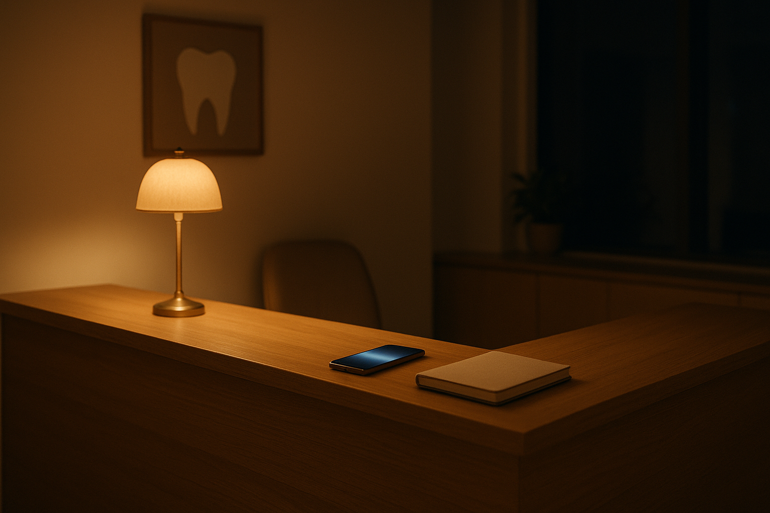The empty reception counter of a dental clinic at night, lit by a single desk lamp, with a phone glowing face up on the timber beside a closed appointment book.