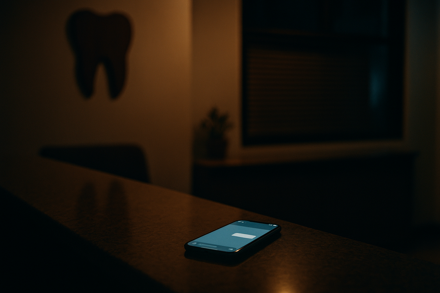 A phone lying face up on the reception counter of a dental clinic at night, its messaging app glowing in the dark. The clinic is closed and empty, a tooth sign on the wall behind.