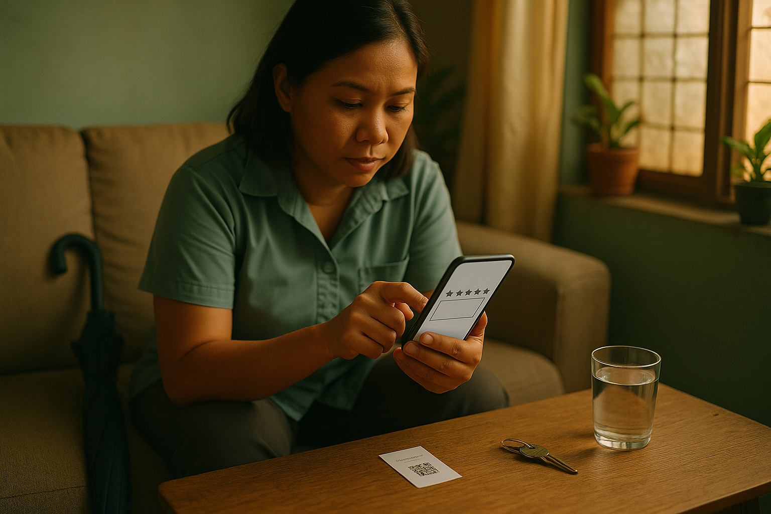 A woman on a sofa at home in the evening taps a phone review form with a row of stars, next to a clinic card with a QR code, her keys and a glass of water.