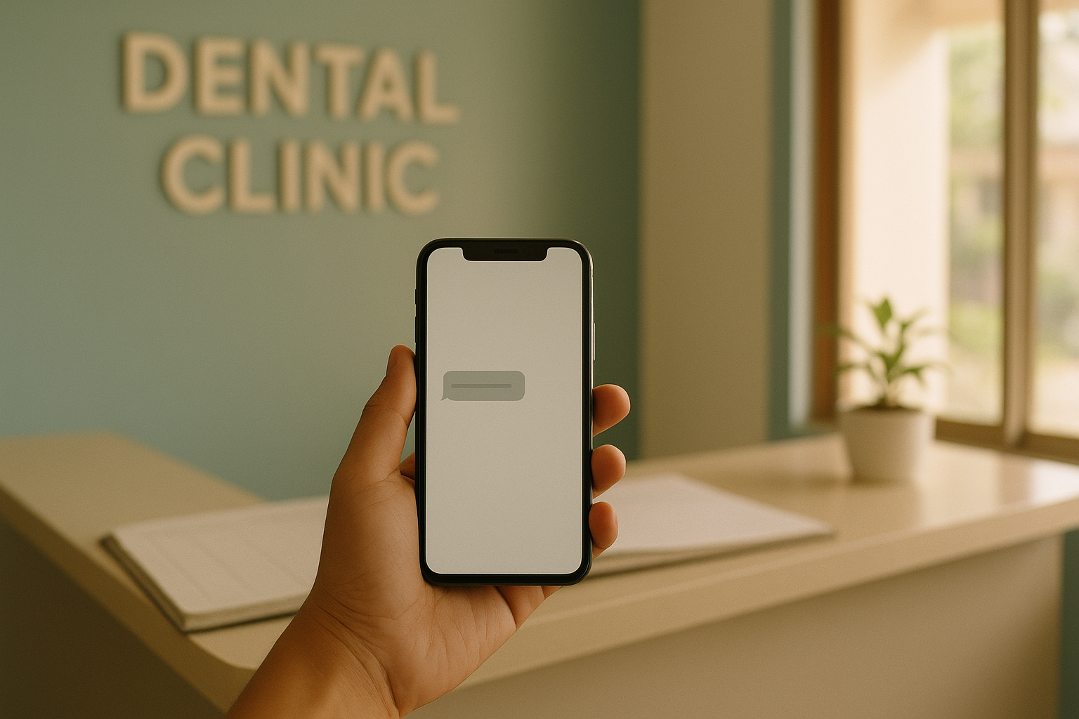 A hand holds a phone showing one short text message bubble, in front of the blurred reception counter of a small dental clinic with a paper appointment logbook and a potted plant.
