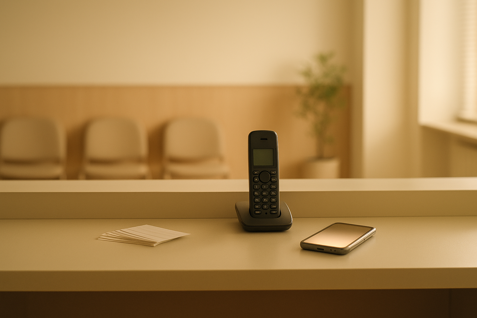 An empty dental clinic reception counter in warm morning light, with a cordless desk phone, a fanned stack of blank appointment cards and a glowing mobile phone, empty waiting chairs behind.