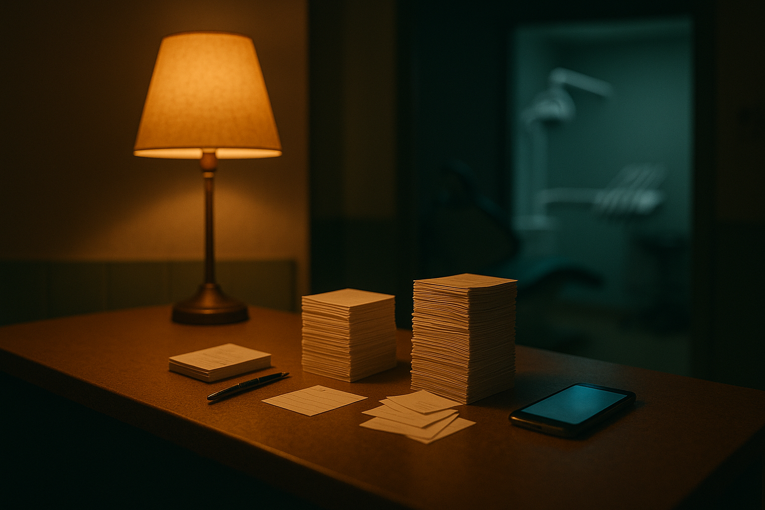 Three stacks of paper enquiry slips on a dark dental clinic reception counter under a lamp. The shortest has a pen beside it, the two taller ones sit untouched, a phone glowing nearby.