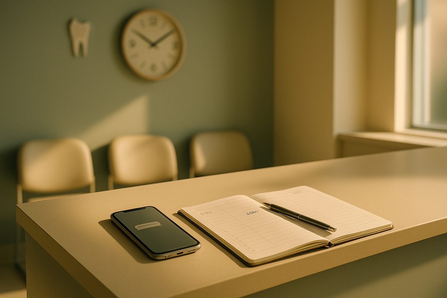 A quiet dental clinic reception counter in warm late-morning light, a wall clock reading 11:07, a phone showing a short chat message beside an open appointment book with a pen resting on it.