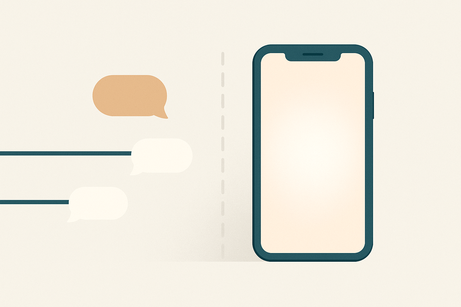 Flat illustration of a smartphone with three chat bubbles approaching from the left. Two stop at a dashed barrier on their lanes while a single amber bubble passes ahead of them.