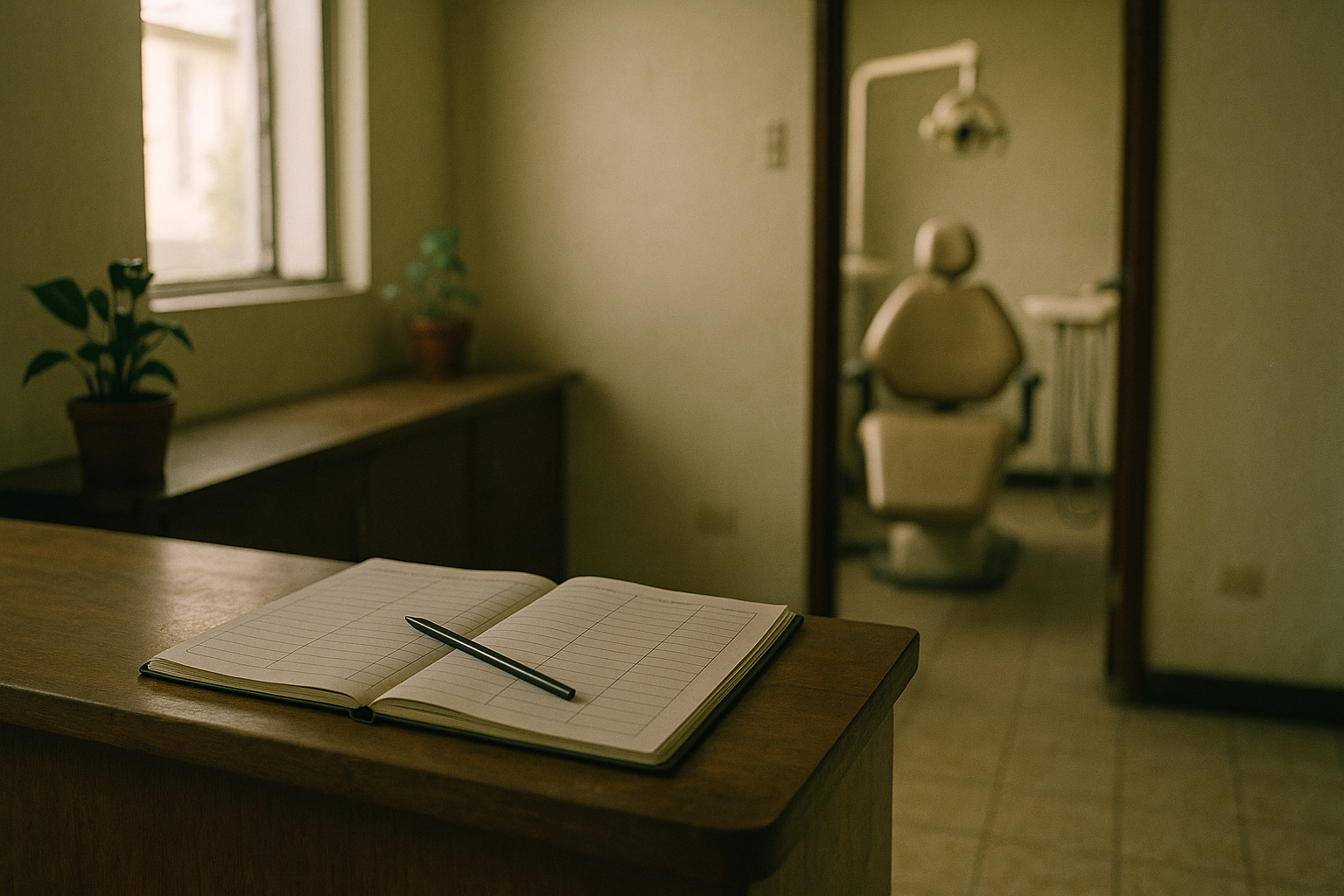 An open paper appointment book with empty ruled lines on the timber reception counter of a small dental clinic, an empty dental chair visible through the doorway behind it.
