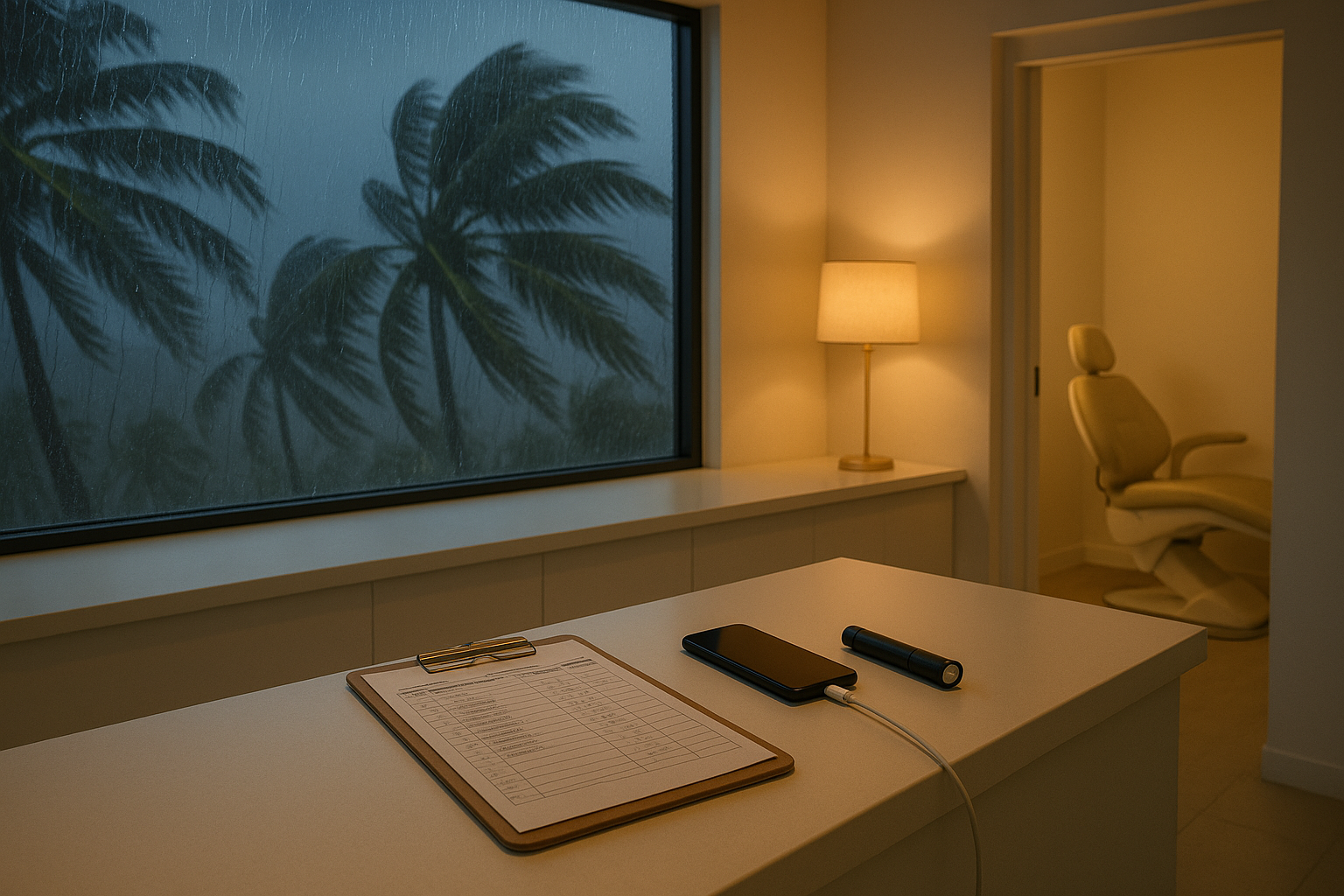A dental clinic front desk at dusk, rain streaking the window and palms bending outside, with a printed appointment list on a clipboard, a phone on charge and a flashlight.