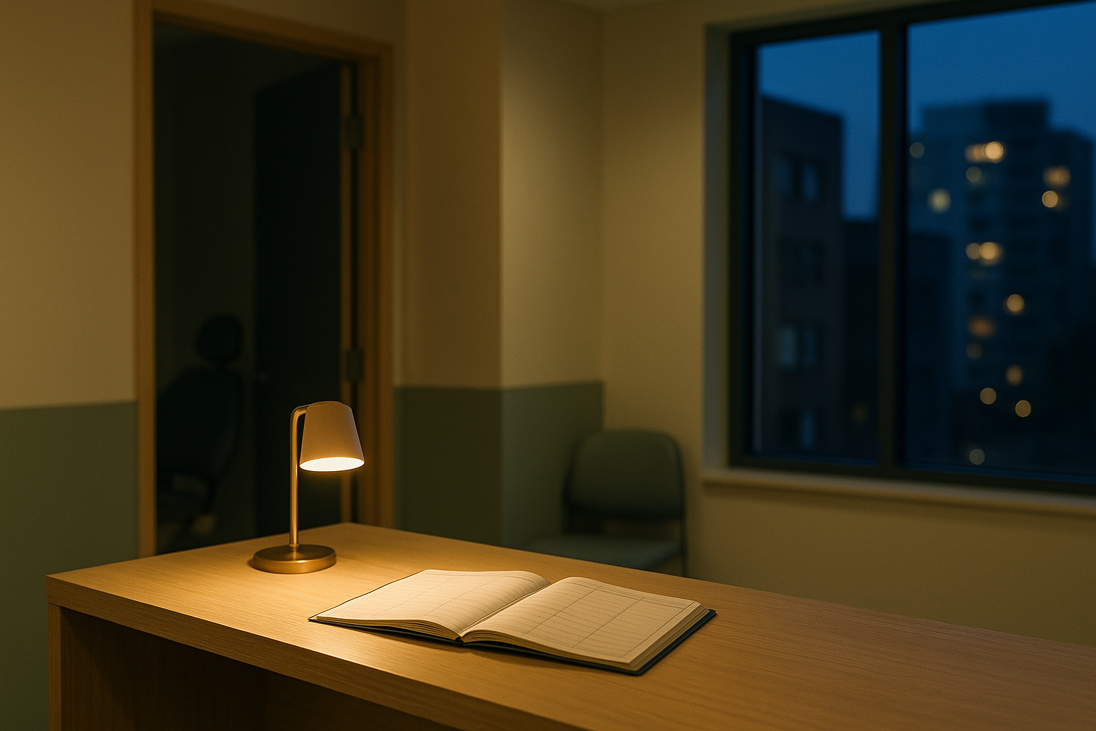 An empty dental clinic reception at dusk, an open appointment book under a desk lamp on the counter, and lit apartment windows across the street through the dark window.