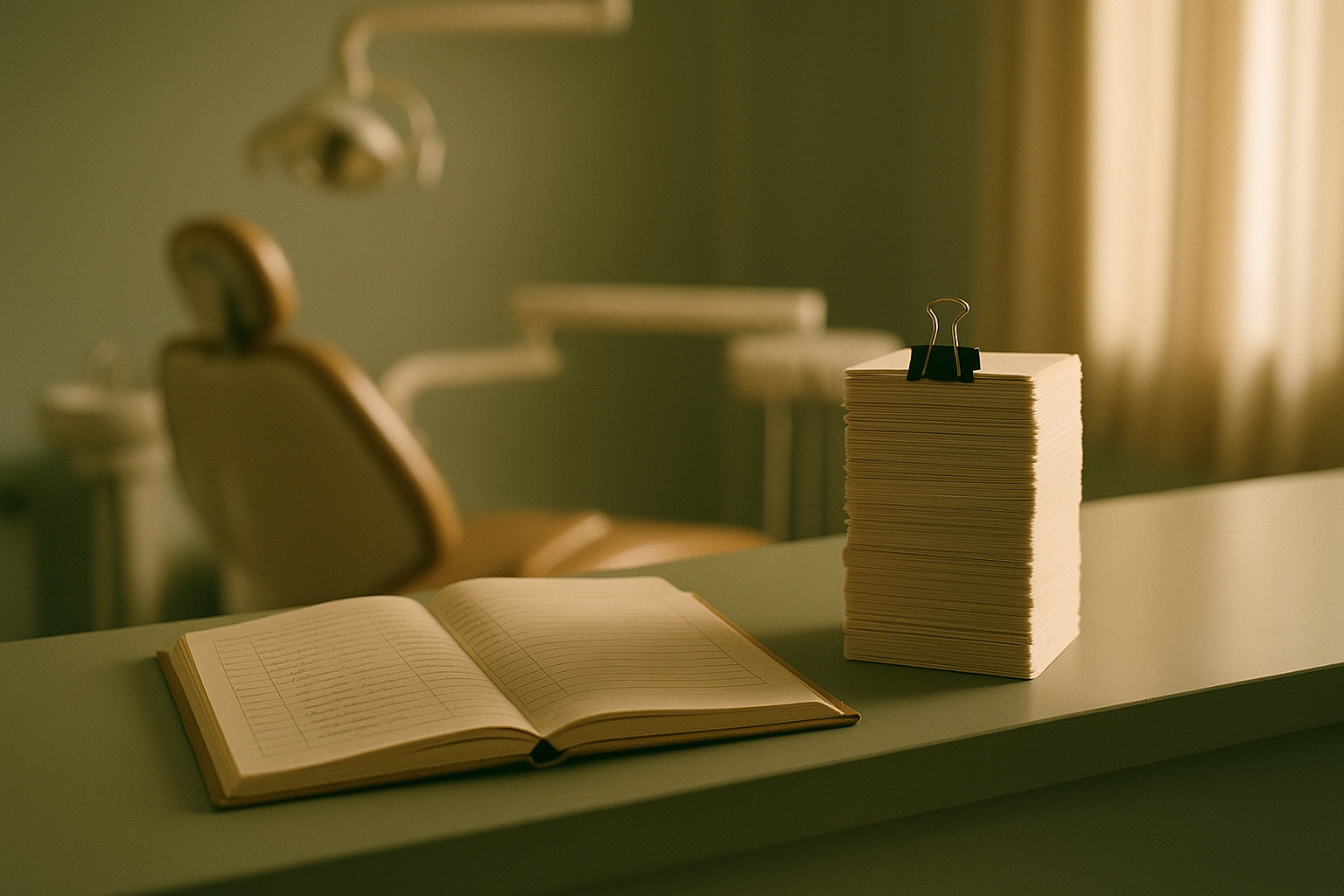 A tall bundle of paper recall slips held with a bulldog clip stands beside an open appointment book on a dental clinic counter, the stack far taller than the book.