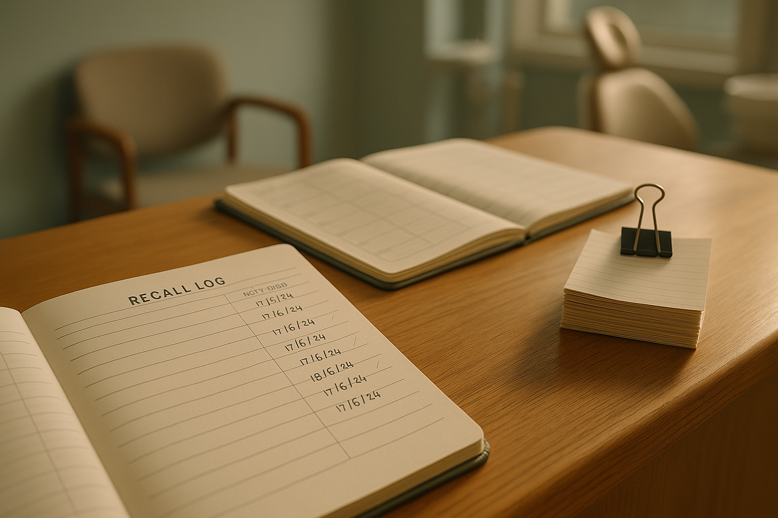 A ruled recall log with handwritten next-due dates on a dental clinic reception counter beside an open appointment book and a small clipped stack of index cards, in late-morning light.