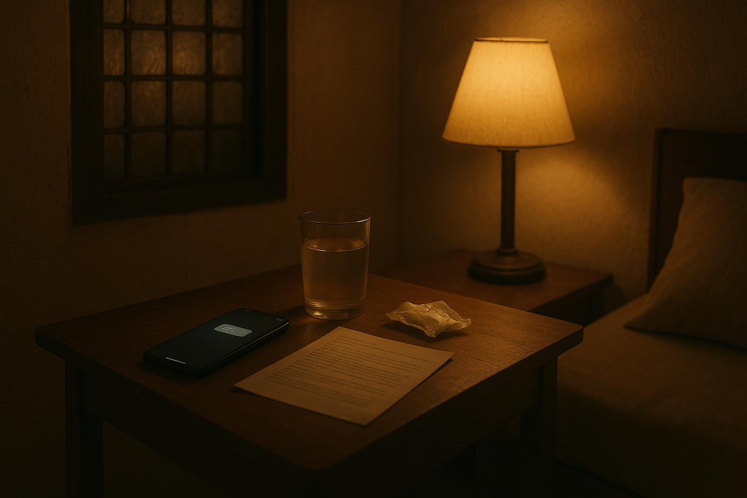 A phone lit up on a bedside table at night, beside a glass of water, a printed instruction sheet and a small packet of gauze, under the warm light of a lamp.