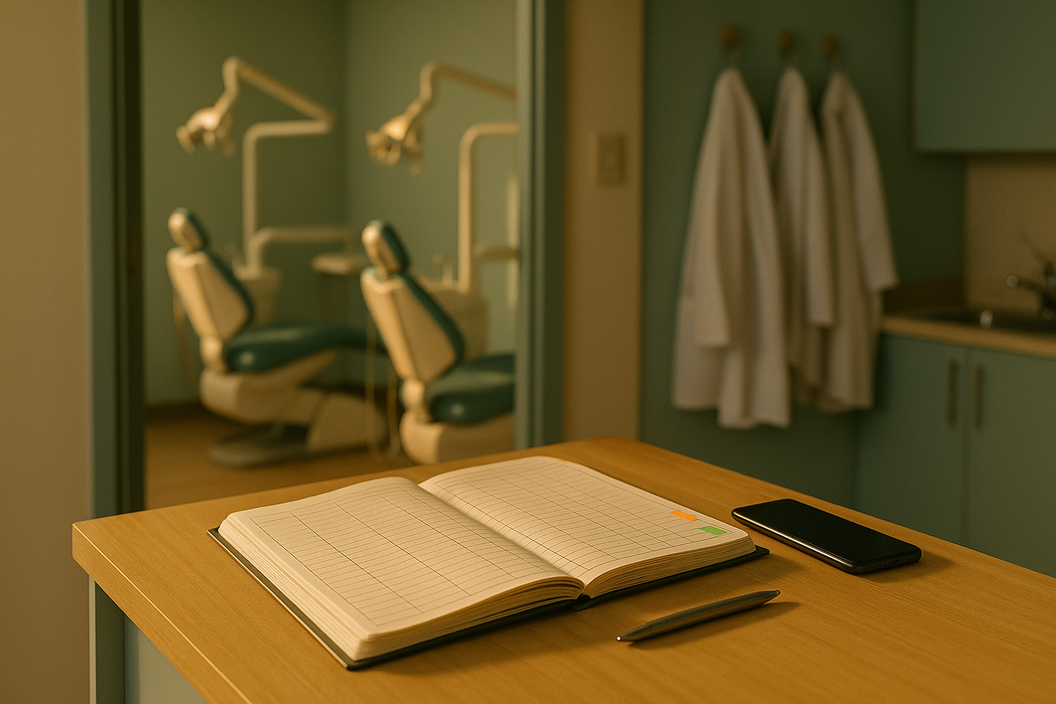 A clinic front desk with an open appointment logbook ruled into columns, two dental chairs side by side in the room behind it, and three white coats on hooks.