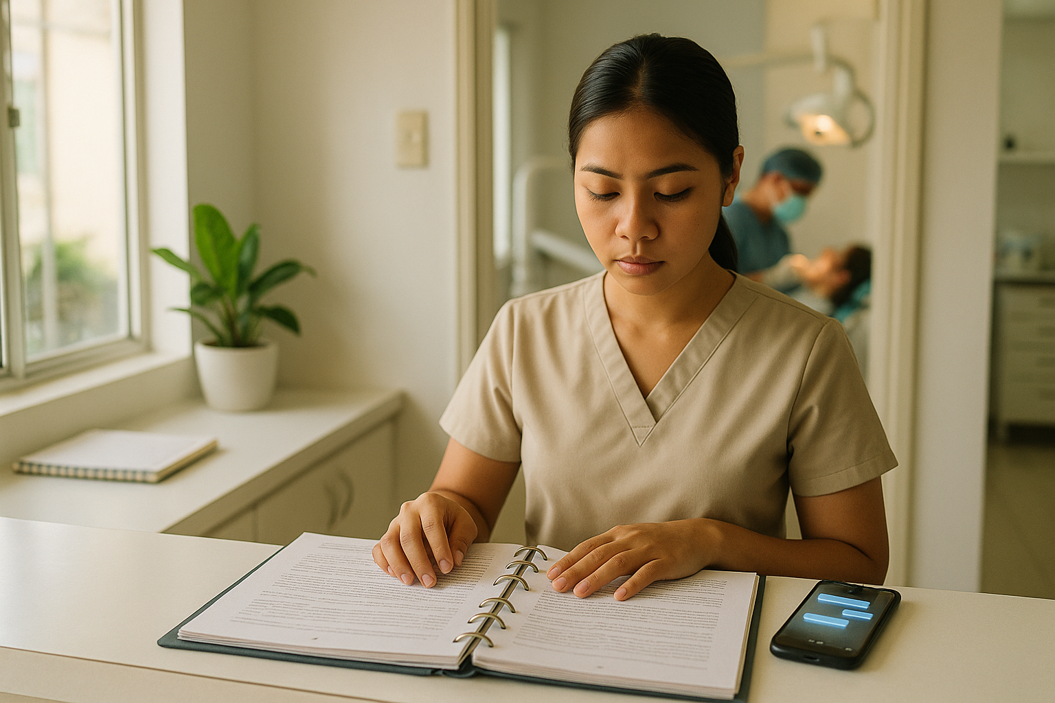A young receptionist at a dental clinic front desk reads a ring binder of notes while a phone beside her shows a chat conversation. Through a doorway behind her, a dentist treats a patient.