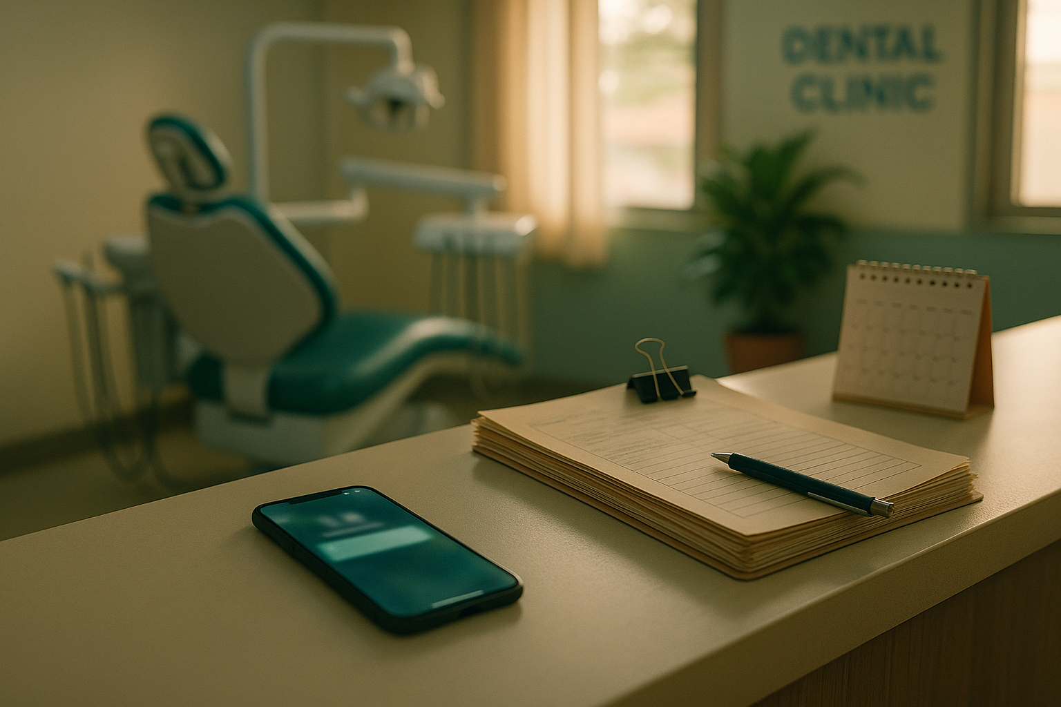 A smartphone with a blurred message notification on a clinic reception counter, beside a clipped stack of paper patient records, with a dental chair in the background.