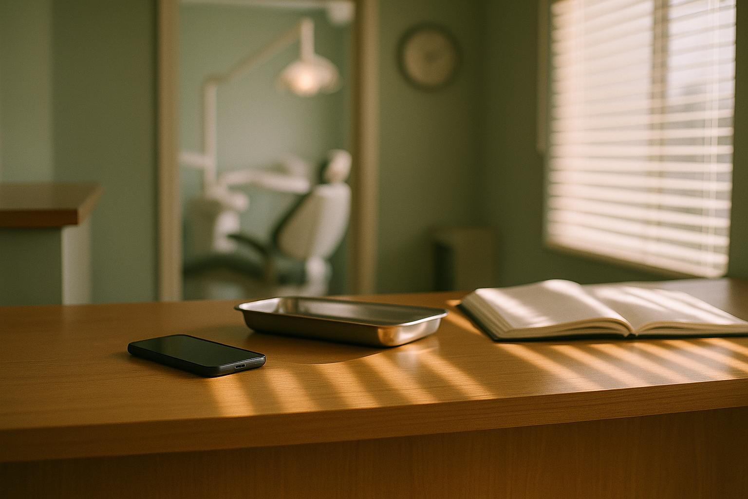 A dental clinic reception counter in afternoon light, a single phone lying face down beside a sterilisation tray and an open appointment book, the surgery in use through the doorway behind.
