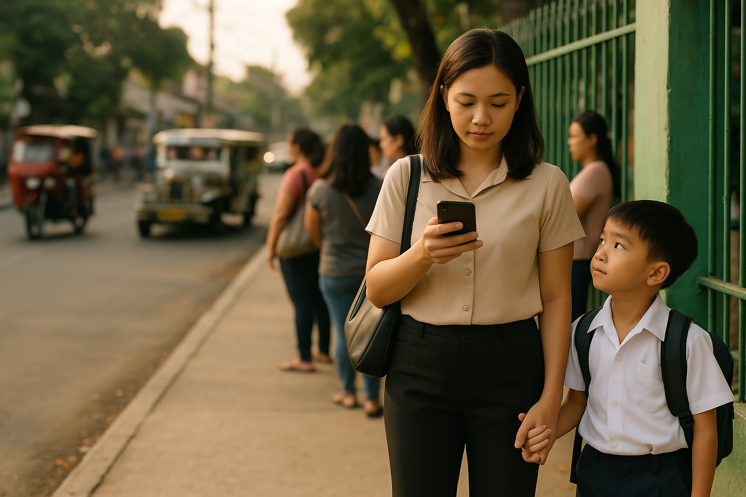A mother in office clothes reads a text on her phone outside a school gate while her young son, in a white school uniform and backpack, holds her hand and looks up at her.