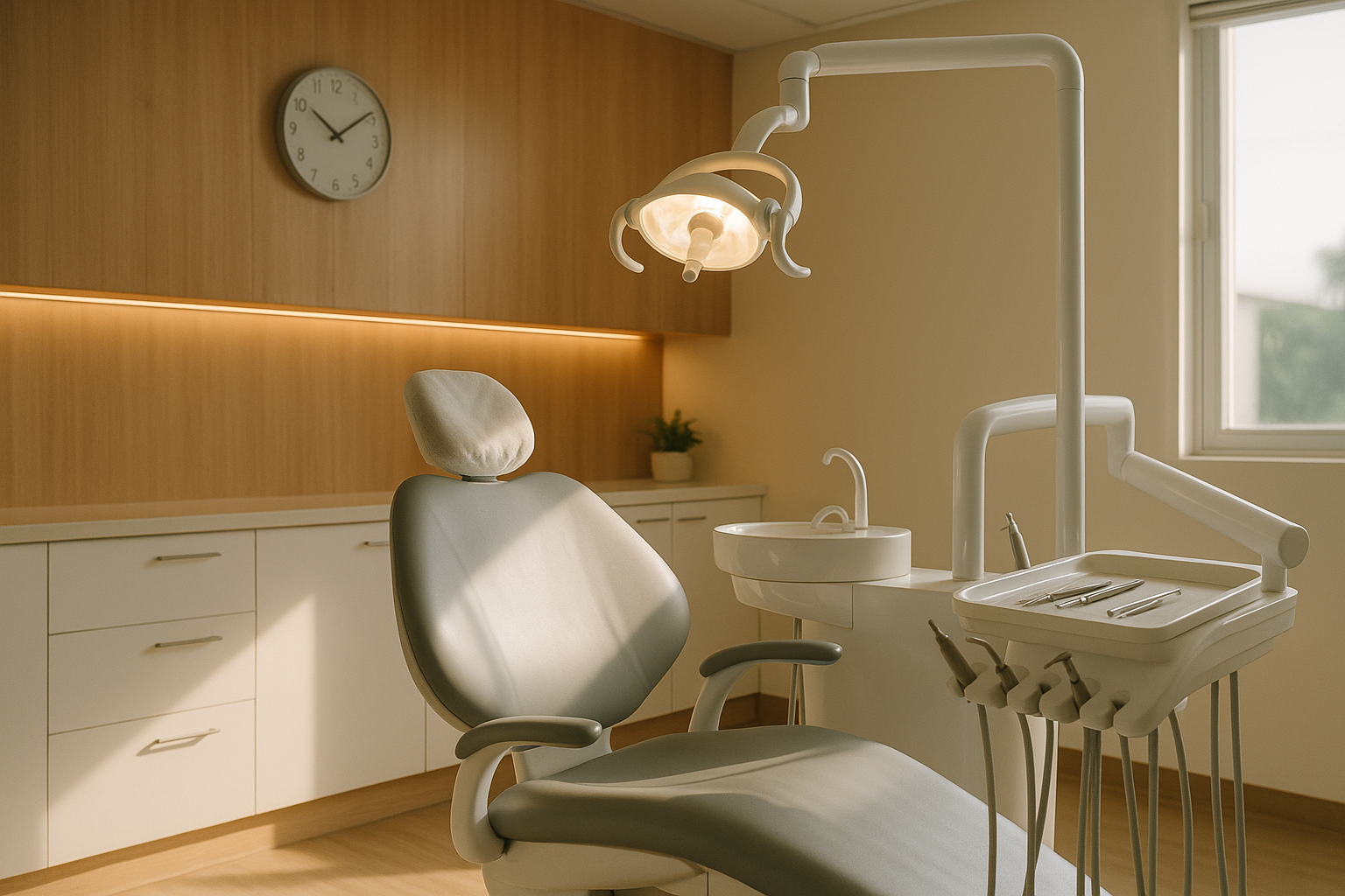 An empty dental chair in a bright modern clinic, prepped with instruments laid out and the operatory light on, with a wall clock showing the appointment time has passed.