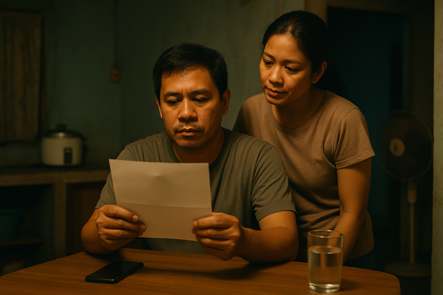 A man at a kitchen table at night reads a folded sheet of paper while a woman leans over his shoulder to read it with him, a phone and a glass of water beside them.