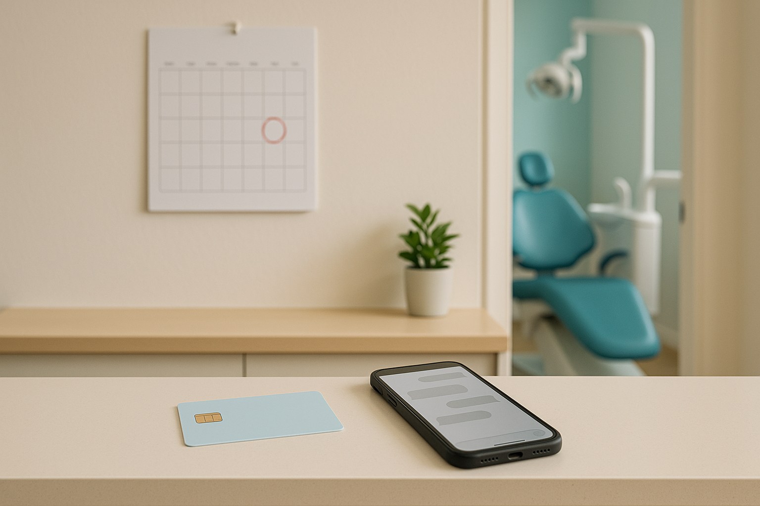 A clinic front desk with a blank membership card and a phone showing chat bubbles, a wall calendar with one day circled in red, and an empty teal dental chair through the doorway.