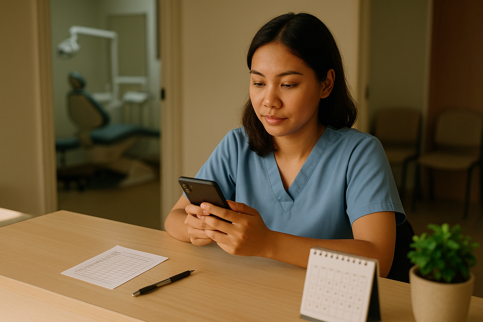 A receptionist in blue scrubs at a dental clinic front desk reads her phone, with a printed payment schedule, a pen and a desk calendar on the counter.