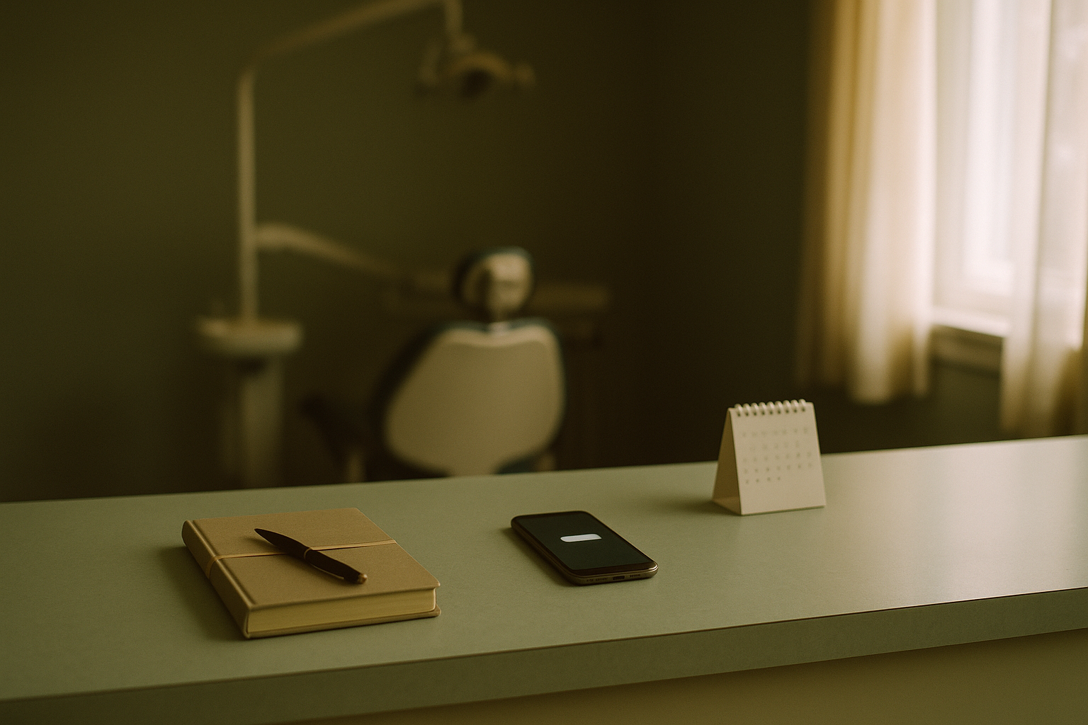 A closed appointment notebook, banded shut with a pen on top, sits on a dental clinic reception counter beside a phone showing one message and a small desk calendar.