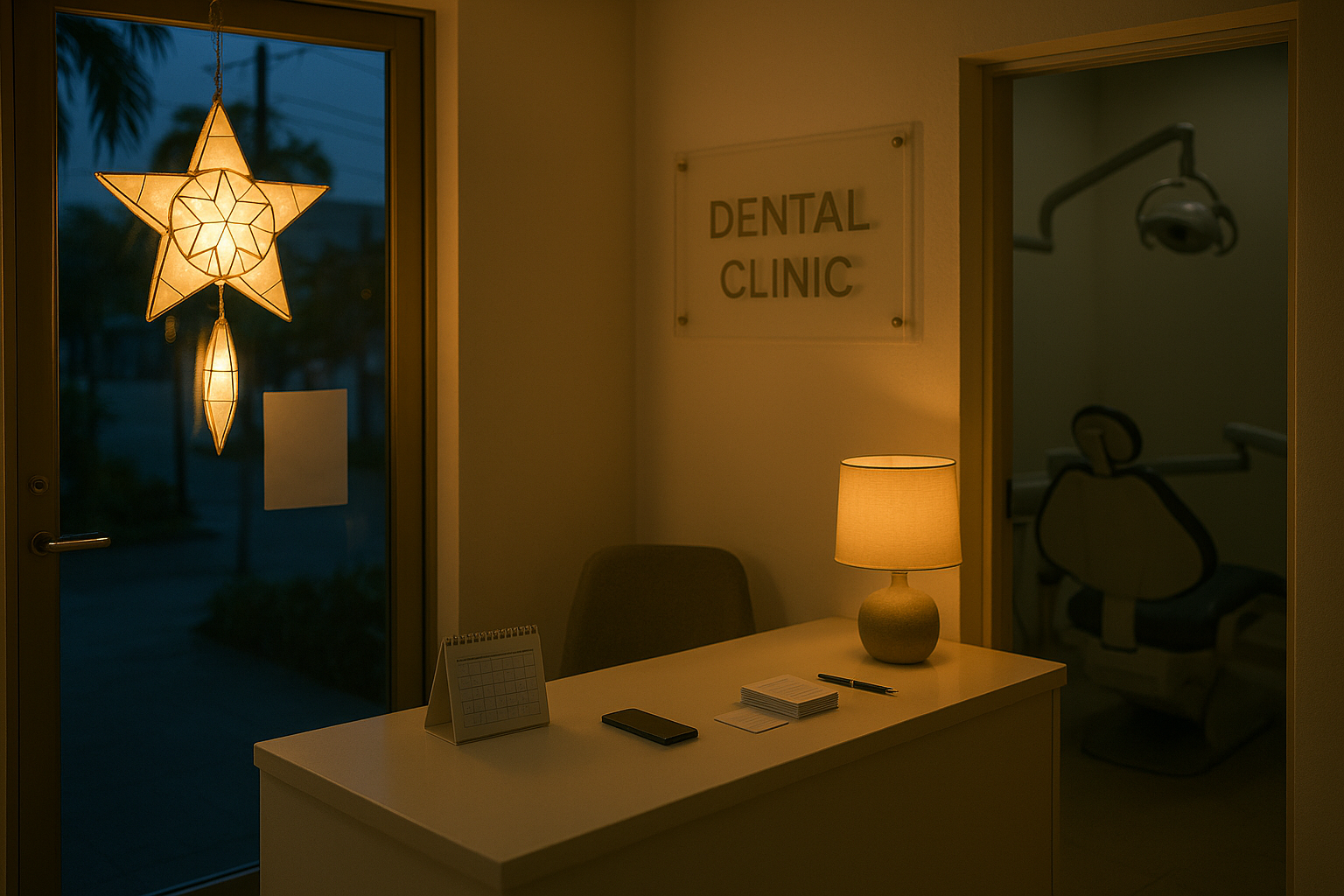 An empty dental clinic reception at dusk, a glowing star-shaped parol hanging at the glass door, a desk calendar and a phone on the counter, and a dental chair through the doorway.
