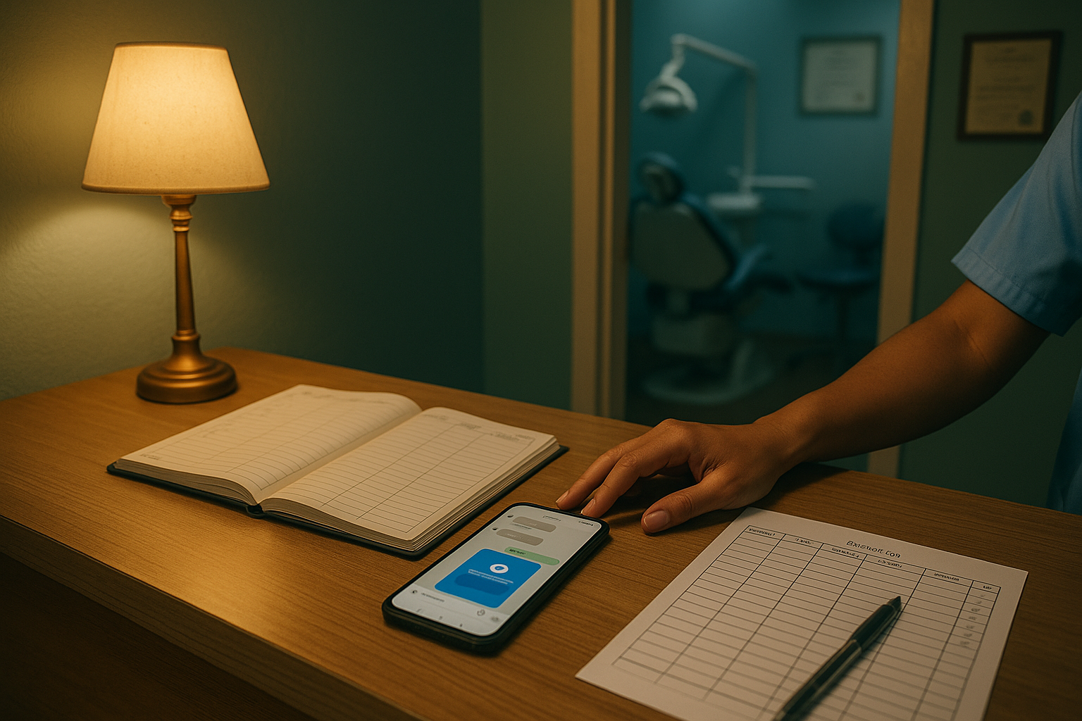 A clinic front desk at night with a phone showing a chat and a payment screen, beside an open appointment book and a ruled payment log with ticks.